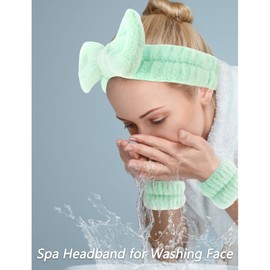 VELSCRUN Spa Headband, Makeup Face Wash Skincare Headbands, 6 Pcs Bright Green Sponge Bow Tie Get Ready HairBand Facial Wristband Set, Stuff for Teen Girls Women Trendy Fashion Hair Accessories