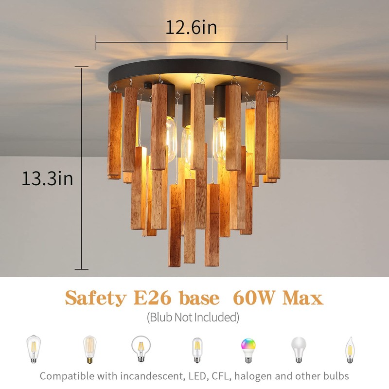 MOUJOE Wood Ceiling Light Fixture 3-Light Semi Flush Mount Light