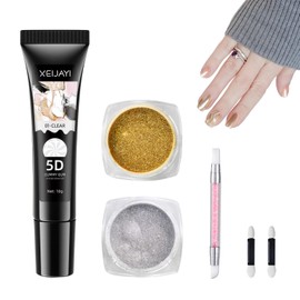 3D Sculpture Nail Gel 2 Bottles Gold Chrome Nail Powder, 10 g Carving Nail Glue Gel, Suitable for Nail Art Design, DIY Nail Art Styling, 2 Cotton Buds and 1 Point Pen Included