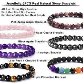 JeweBella Pack of 6 Natural Gemstone Bracelets Women Men Beads Bracelets 7 Chakra Lava Stone Bracelets Rose Quartz Amethyst Tiger's Eye Obsidian Triple Bracelet Couples Stretch Bracelets Jewellery,