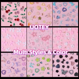 Cherry Nail Charms Gems and Flower Bows, Colorful Camellia Bowknot Flowers Hollow Star Heart Moon Butterfly Bear 3D Nail charms Silver Cherry Nail Art Rhinestones Charms for Nail Art DIY Design