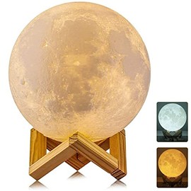 AGM Moon Lamp, Dimmable LED Moon Light 3D Printing 2 Colors Remote & Touch Control 15cm Night Mood Light with Wooden Holder for Children's Room Bedroom Cafe Bar Dining Room