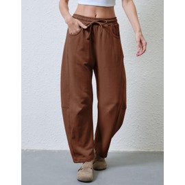 SeekMe Women's Barrel Leg Sweatpant Drawstring Elastic Waisted Wide Leg Pants Casual Cotton Palazzo Trousers with Pockets (0009-Coffee-M) Caramel Brown