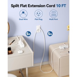 Split Extension Cord 10FT (5FT on Each Side), Single Flat Plug Twin Extension Cord with 4 AC Outlets, 2 USB-A & 3 USB-C(24W/4.8A), Nightstand Charging Station for Bedroom Dorm Room Home, His and Hers