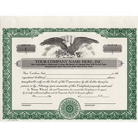 Custom Printed Corporate Stock Certificates, HUBCO, Green, 20-Pack