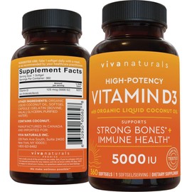 Viva Naturals Vitamin D3 5000 IU Softgels - 360 Count 125 mcg Softgel, Essential D3 Vitamin, Supports Bone Health, Immune Support, Premium Vitamin D, High Potency Vitamin D 5000 IU