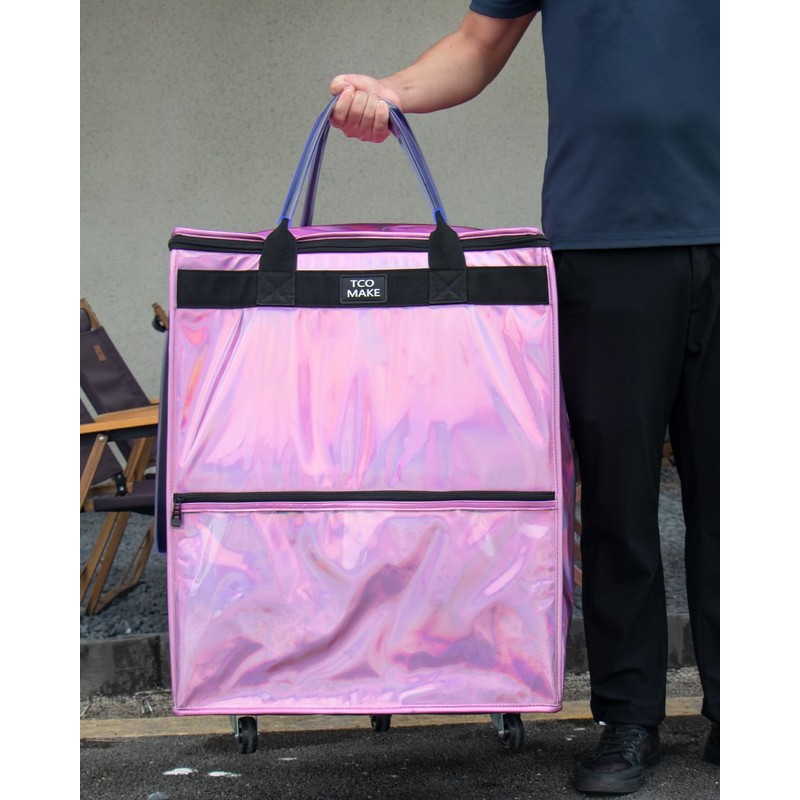 TCOMAKE (Large, Phantom Pink) Reusable Grocery Bag on Wheels, Shopping