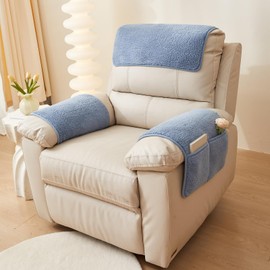 vctops 3 Pieces Sherpa Fleece Sofa Armrest Cover for Recliner Chair with Storage Pockets Non Slip Headrest Cover Fuzzy Couch Cover for Dogs Washable Furniture Protector (Blue,1 Seat)