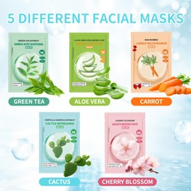 Face Masks Skincare, 5 Pcs Sheet Masks, Hydrating Facial Mask for All Skin Types, Long-lasting Moisturizing, Soothing, Even Skin Tone (Aloe Vera, Carrot, Cactus, Green Tea,Cherry Blossom)
