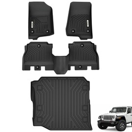 OEDRO Floor Mats for 2018-2025 Jeep Wrangler JL Unlimited 4-Door(Not for JK and 4XE), Includes 1st, 2nd Row & Rear Cargo Liner w/Subwoofer Full Set, Custom Fit TPE All Weather Floor Liner, Black