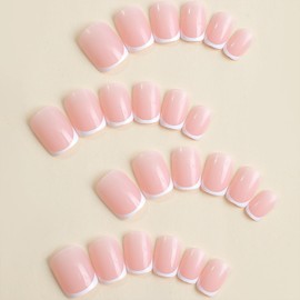 White French Tip Press on Nails Glossy Nude Fake Nails with Design Short Square Acrylic Nails for Women