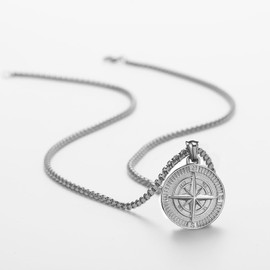 FSYAEGZA GHIUYUI Men's Compass Pendant Necklace, Stainless Steel Large Compass Circle Vintage Coin Necklace Navigator Forged for Men Talisman Travel Jewelry (Silver)