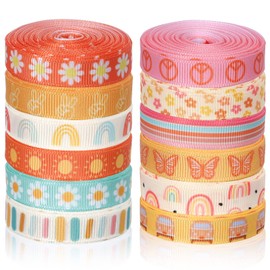 Whaline 12 Rolls Groovy Retro Hippie Boho Ribbon Rainbow Butterfly Daisy Flower Craft Ribbon 60 Yards 3/8 Inch Printed Grosgrain Fabric Ribbon for Wreath Bow Making DIY Crafts Wrapping
