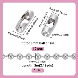 AHANDMAKER 2.19 Yards 8mm Stainless Steel Ball Chains with 10Pc Matching Connectors, Stainless Steel Color Ball Bead Chain Necklace Chains for Jewelry Making DIY Crafts