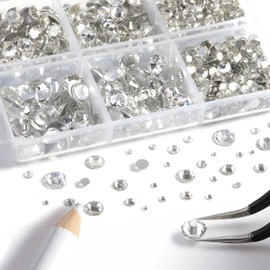 Beadsland 8300pcs Flat Back Rhinestones White Rhinestones Round Crystal Rhinestones for Crafts 10 Sizes Mixed with Wax Pencil and Tweezers Kit, SS3-SS30, Crystal