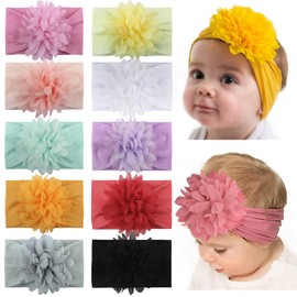 Pack of 10 Baby Girls Nylon Headbands, Flower Hair Bands, Elastic Turban, Hair Accessories for Infants, Toddlers, Newborns