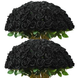 DuHouse 50 Pcs Fake Roses Artificial Flowers,Fake Velvet Rose Bulk, Artificial Roses Bouquet with Long Stems for Wedding Party Arrangement Centerpiece Decorations(Black)