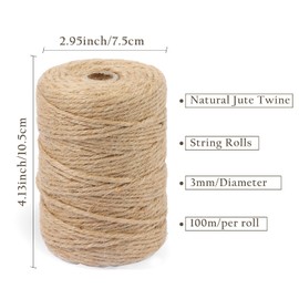 Handyman Crafts Natural Jute Twine Rope (1.5mm/2mm/3mm/6mm) Durable String for Handmde Crafts,Gardening Applications,Home Gardening,Cat Scratching Post,Gift Packaging... (3mm*328ft)
