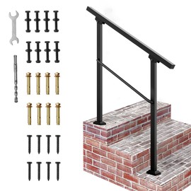 Signstek Handrails for Outdoor Steps, 3 Step Hand Rail Fit 2 or 3 Steps Outdoor Stair Railing, Metal Porch Railing, Deck Handrail, Black Wrought Iron Hand Rails kit for Concrete, Porch Steps, Upgrade