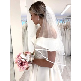 Unsutuo Wedding Veil Satin Trim 2 Tier Ivory Short Bridal Veil Fingertip Length with Ribbon Edge for Brides (White)