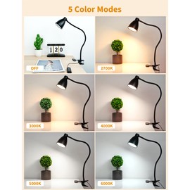 BOHON Desk Lamp 5 Color Modes 10 Brightness Dimmer Reading Light 10W 38 LED Clamp Lamp with Auto Off Timer 360° Flexible Gooseneck Clip on Light for Bed Bedside, AC Adapter Include