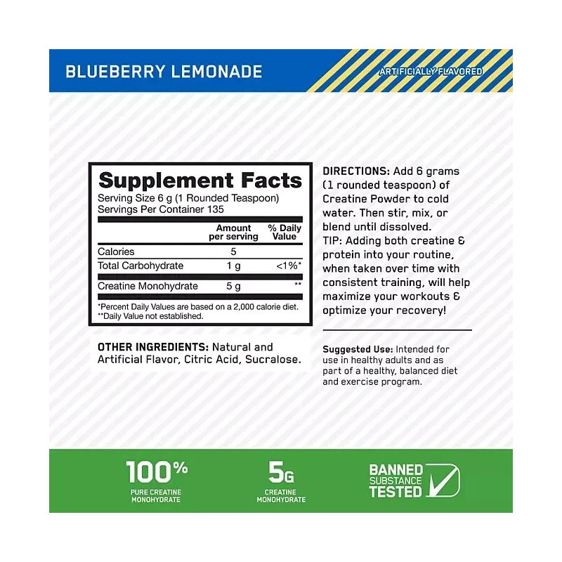 Optimum Nutrition, Micronized Creatine, Blueberry Lemonade, 1.78 lbs. FREE SHIP