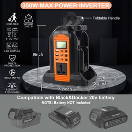 GRVODFRTA DC 20V to AC 120V Power Inverter for Black and Decker 20V Battery, 350W Pure Sine Wave Power Inverter Converter with 6 Output LCD Display and LED Light, 2 Battery Port (No Battery)