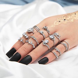 TseenYi Vintage Moonstone Rings Set Boho Silver Stackable Midi Retro Hand Jewelry for Women Girls Pattern 3, Metal