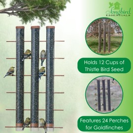 Songbird Essentials Finches Favorite Brushed Copper 3 Tube Thistle Feeder - 24-Bird Capacity - Nyjer Seed - Metal Caps and Perches - Large Goldfinch Feeder Outdoors