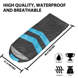 Gold Armour Sleeping Bags for Adults Kids Boys Girls Backpacking Hiking Camping, Cold Warm Weather 4 Seasons, Indoor Outdoor Use, Lightweight & Waterproof (Gray/Sky Blue - Left Zipper)