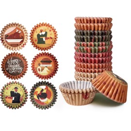 qiqee Thanksgiving 300PCS Mini Cupcake Liners Cupcake Cups 6 Designs Thanksgiving Turkey Cupcake Papers Baking Cups Cupcake Wrappers (Small Size)