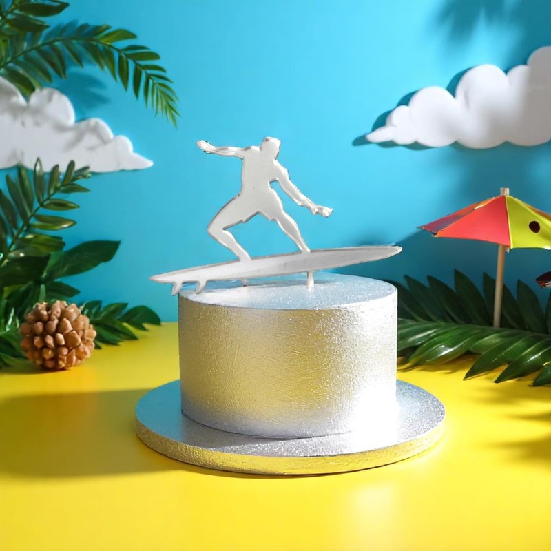 Tortenaufsatz Surfer-Silhouette, silberfarben, spiegelnd, 10 x 8 cm