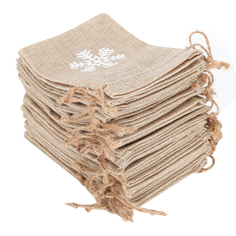 25Pcs Drawstring Bag Like Linen Snow Pattern Gift Bag Christmas