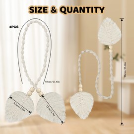 NVGVUP 4 PCS Boho Curtain Tie Backs, Beige Tie Backs for Curtains, Interior Curtain Tiebacks, Leaf Curtain Holder by Hand-woven Cotton Rope, for Home/Livingroom/Bedroom/Office/Bathroom