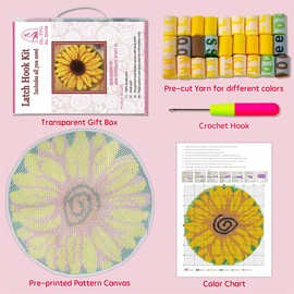 DL-YTG Latch Hook Kits Rug Sunflower Crochet Yarn Cushion Colour Pre-Printed Canvas Cover Rug Needlework DIY Hook and Latch Kit Christmas Home Decoration 52x52cm/21 X21 inch