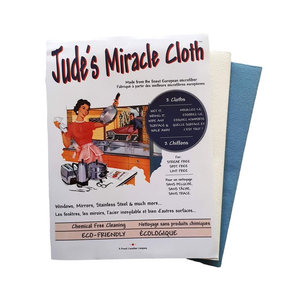 Jude's Miracle Cloth Microfiber Cleaning Cloth 2 Pack For Windows Mirrors Crystal Eye Glasses TV Computer Screen Countertops Cars & Boats Chemical Free (1 White 1 Blue)