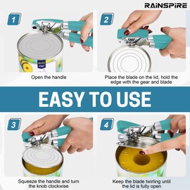 Rainspire Can Opener Manual Handheld Strong Manual Can Opener Smooth Edge Cut, Can Opener Heavy Duty, Comfortable Soft Handle, Built-in Bottle Opener, Turquoise