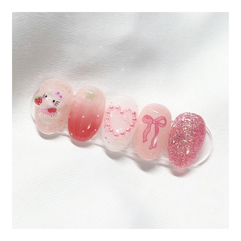 [Handmade Nail Tips] Hello Strawberry Nail Tips - Long Oval