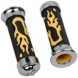 MotorToGo 7/8" Yellow 3D Flame Rubber Handlebar Hand Grips with 3D Skull End Caps for 1985 Honda Nighthawk 700S CB700SC