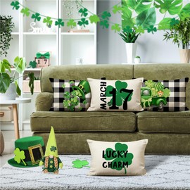 MODOVOS Buffalo Plaid Lucky Clover Hat St Patricks Day Pillow Covers 12x20 Set of 4 Farmhouse St Patricks Day Decorations Lucky Charm Gnomes Truck Shamrock Throw Cushion Case for Home Sofa Couch
