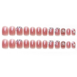 Suqare Press on Nails Short Fake Nails with Rhinestones Designs Charms Nails Press ons Glossy Glue on Nails Red-Pink Acrylic Nails Full Cover False Nails Cute Stick on Nails for Women 24Pcs