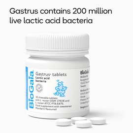 New package BioGaia Gastrus Probiotic Chewable Tablets. 30 Tablets with Mandarin Flavour. Supports good gut health. Safe for long-term, daily use.