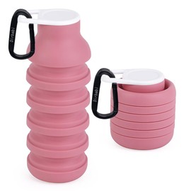 Collapsible Water Bottle, Food Grade Silicone Portable Leak Proof Water Bottle with Carabiner for Travel Gym camping, Lightweight Durable BPA Free 21oz (600ml) (Dusty Rose)