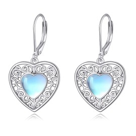 Heart Moonstone Earrings Sterling Silver Filigree Leverback Earrings Moonstone Dangle Earrings Moonstone Heart Jewelry Birthday Christmas Gifts for Women