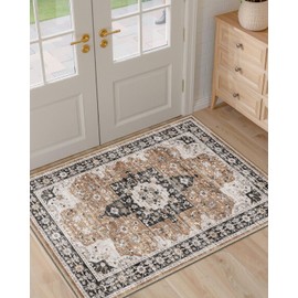 DEXI Washable Entryway Rug Non Slip, 3x5 Kitchen Area Bathroom Floor Mats Farmhouse, Small Throw Carpet Living Room Bedroom Home Decor, Brown and Black