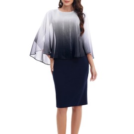 Gardenwed Evening Dresses Elegant Women's Chiffon Cape Bodycon Dress Knee-Length Formal Cocktail Party Dresses Wedding Guests Festive Dress, navy