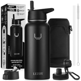LEZOY (8 in 1) Stainless Steel Vacuum Insulated Water Bottle,946 ml Double-Wall Drink Bottle, 3 Leak-Proof Lids, Extra Carry Bag. BPA Free Bottle.Send from Australia. (Black, 32 OZ)