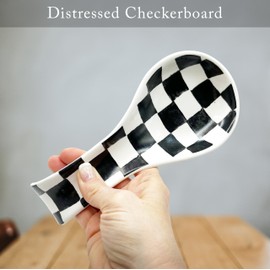 Checkered Spoon Rest for Kitchen Counter - Cooking Spoon Holder for Stove Top - Large Utensil Spatula Spoon Rest - Cute Kitchen Gadgets Gift for Housewarmings - Distressed Checkerboard Black and White