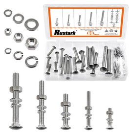 Rustark 80Pcs 5 Sizes 304 Stainless Steel Carriage Bolts with Nuts and Washers Kit Silver Square Neck Carriage Bolts Screws Metric Round Head Carriage Bolt for Machinery Industry