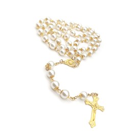 Rosario de abalorio católicas para mujeres y niñas, rosario de primera comunión para niñas católicas, rosario blanco dorado para mujer, collar de abalorio de perlas de imitación, rosarios católicos,